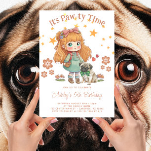 Süßes Mädchen und Mops Es ist Pawty-Zeit Geburtsta Einladung