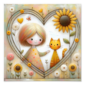 Süßes Mädchen und rote Katze mit Sonnenblumen Fotodruck