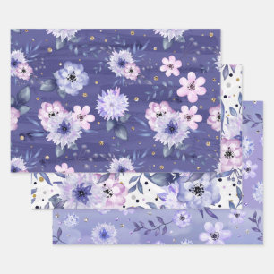 Süßes Mädchenhaftes Lila Rosa Blumenglitter Geschenkpapier Set