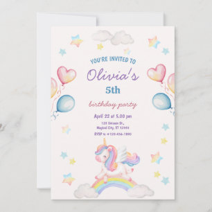 Süßes magisches Märchen-Einhorn-Regenbogen-Wolken Einladung