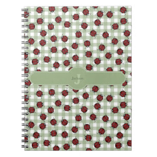 Süßes Marienkäfer-Muster Grünes Gingham Monogramm Notizblock