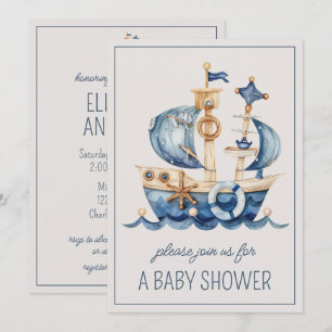 Süßes maritimes blaues Segelschiff Personalisiert Einladung