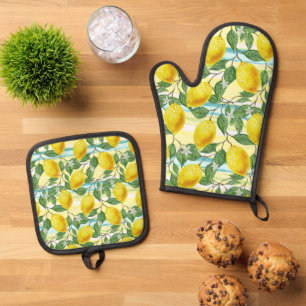 Süßes mediterranes Sommer-Limonen-Frucht-Kunstmust Ofenhandschuh & Topflappen-Set