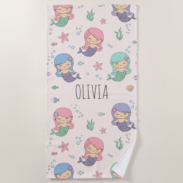 Süßes Meerjungfrau Cartoon-Muster Strandtuch (Vorderseite)