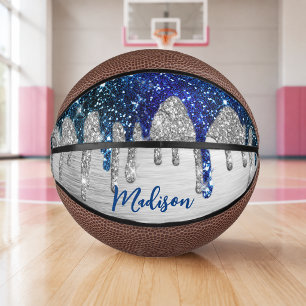 Süßes modernes blaues Glitter-Drips-Monogramm Mini Basketball