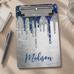 Süßes modernes blaues Glitter-Drips-Monogramm Mini Klemmbrett