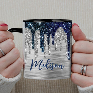 Süßes modernes blaues Glitter-Drips-Monogramm Tasse