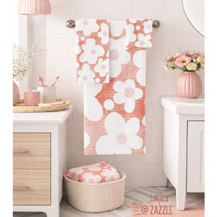 Süßes modernes Retro-Daisy-Muster Rosa Terrakotta Badhandtuch Set