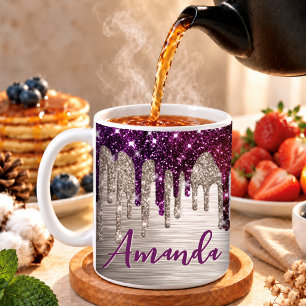 Süßes modernes rosa rotes Glitter-Drips-Monogramm Kaffeetasse