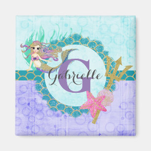 Süßes Monogramm Meerjungfrau Türkis & Lila Aquarel Magnet
