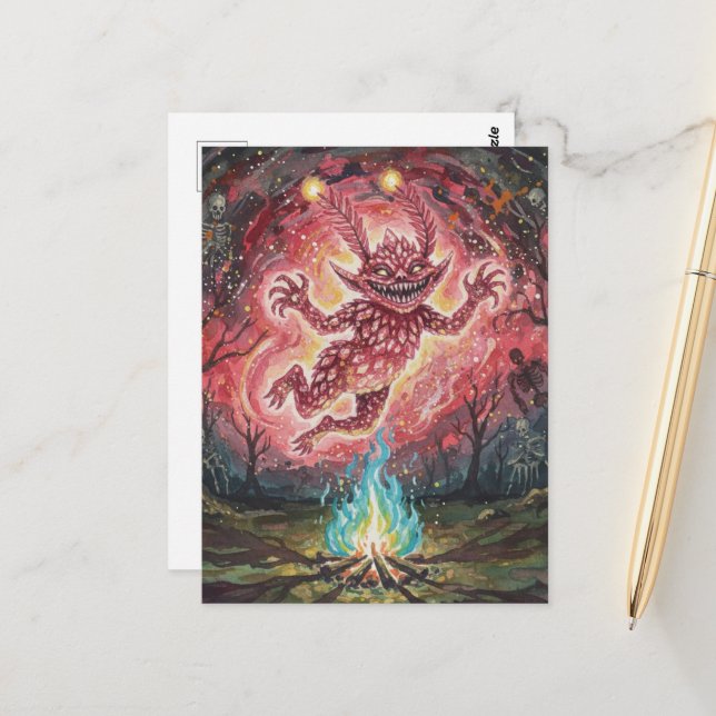 Süßes Monster am Lagerfeuer Postkarte (Vorderseite/Rückseite Beispiel)
