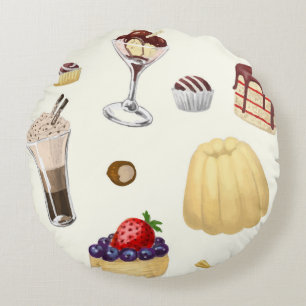 Süßes Muster mit verschiedenen Desserts. Rundes Kissen