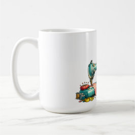 Süßes Nähmädchen-Cartoon mit Vintage-Maschine Kaffeetasse