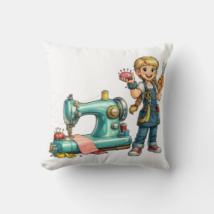 Süßes Nähmädchen-Cartoon mit Vintage-Maschine Kissen