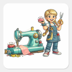 Süßes Nähmädchen-Cartoon mit Vintage-Maschine Quadratischer Aufkleber