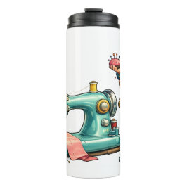 Süßes Nähmädchen-Cartoon mit Vintage-Maschine Thermosbecher