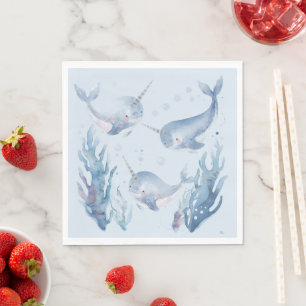 Süßes Narwal-Fisch-Muster Aquarell unter dem Meer Serviette