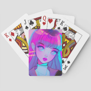 Süßes Neon-Anime-Mädchen spielt Karten Spielkarten