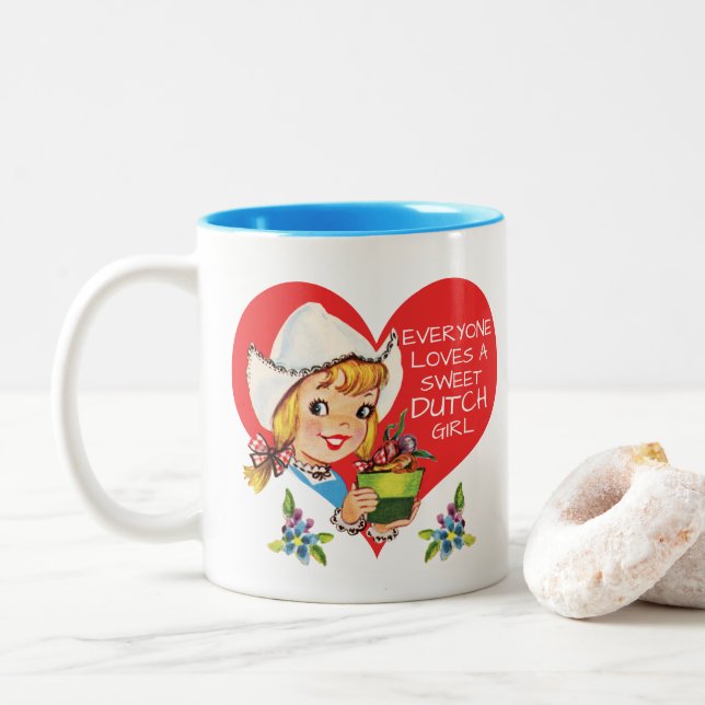 Süßes niederländisches Mädchen-Vintage Tulpen Zweifarbige Tasse (Mit Donut)