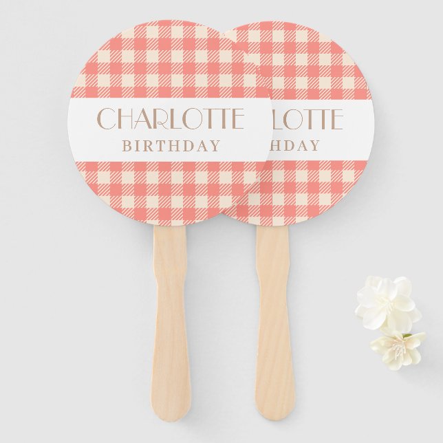 Süßes niedlich-hellrosa Gingham kariertes Party Fächer (Vorne und Hinten)
