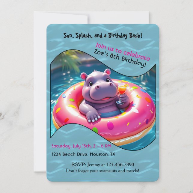 Süßes Nilpferd, das auf einem Donut-Pool-Float sch Einladung (Vorderseite)
