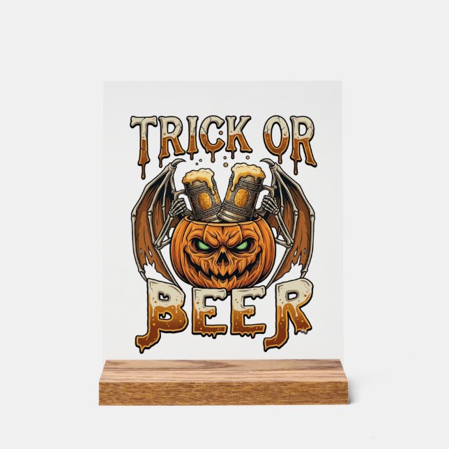 Süßes oder Bier Halloween-Kürbis-Skelett-Flügel-Ta Acrylschild (Vorderseite)