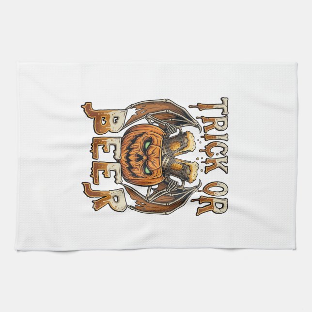 Süßes oder Bier Halloween-Kürbis-Skelett-Flügel-Ta Geschirrtuch (Horizontal)