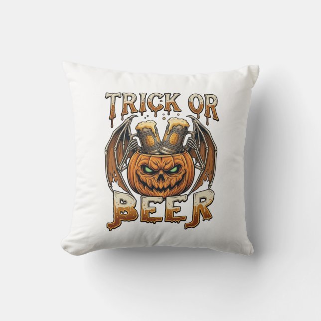 Süßes oder Bier Halloween-Kürbis-Skelett-Flügel-Ta Kissen (Vorderseite)