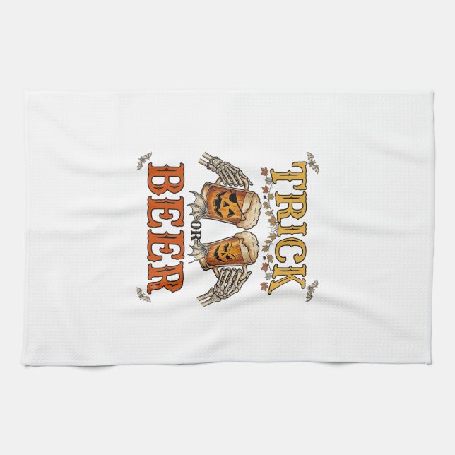 Süßes oder Bier Halloween-Kürbis-Tasse Skeletthänd Geschirrtuch (Horizontal)