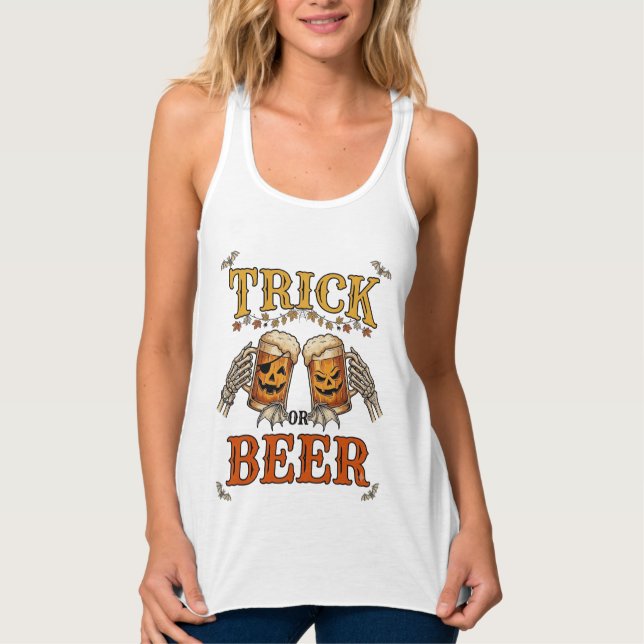 Süßes oder Bier Halloween-Kürbis-Tasse Skeletthänd Tank Top (Vorderseite)
