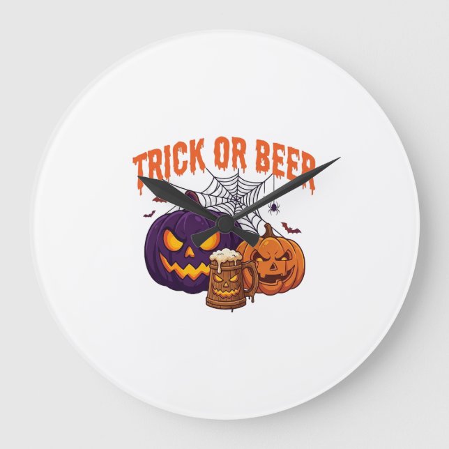 Süßes oder Bier Halloween-Kürbis-Tasse Spinnennetz Große Wanduhr (Vorderseite)