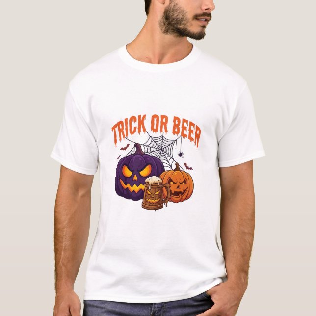 Süßes oder Bier Halloween-Kürbis-Tasse Spinnennetz T-Shirt (Vorderseite)