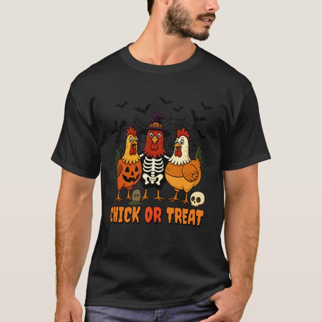 Süßes oder Huhn Lustiger Halloween-Skelett-Hühner- T-Shirt (Vorderseite)