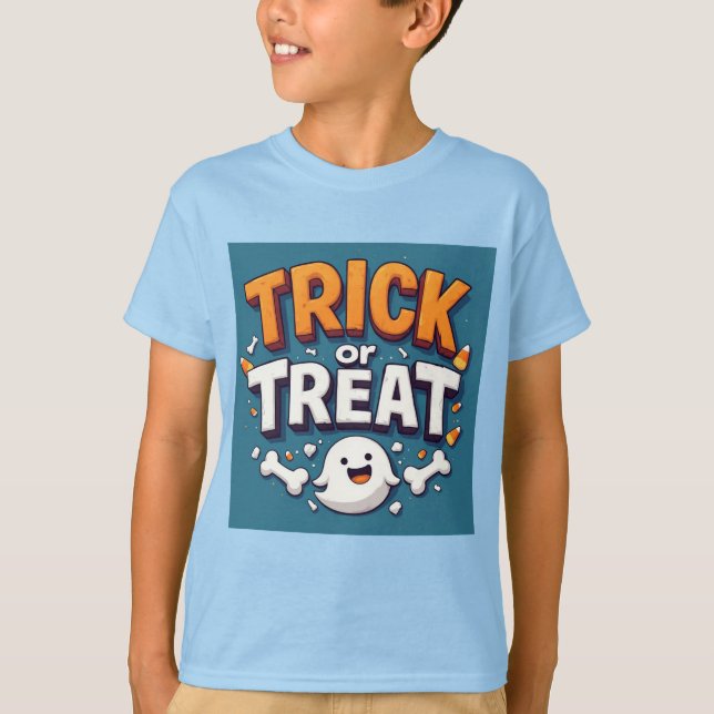 Süßes oder Saures Halloween-Cartoon-Geist T-Shirt (Vorderseite)