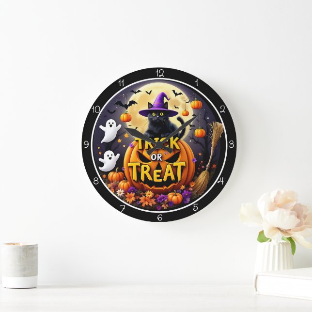 Süßes oder Saures Halloween-Katze Große Wanduhr (Zuhause)