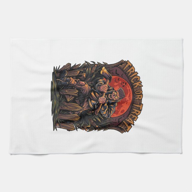 Süßes oder Saures Halloween Killer Skelett Axt Rot Geschirrtuch (Horizontal)