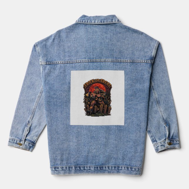 Süßes oder Saures Halloween-Killer-Skelett-Axt Rot Jeansjacke (Rückseite)