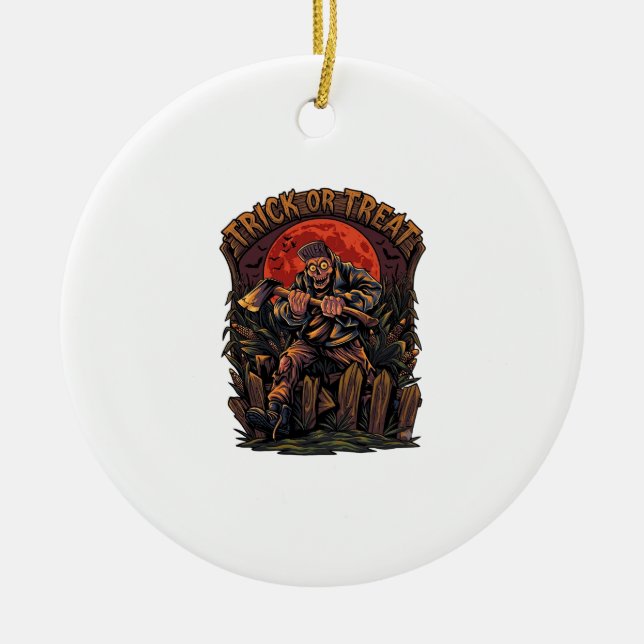 Süßes oder Saures Halloween-Killer-Skelett-Axt Rot Keramik Ornament (Vorne)