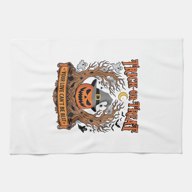 Süßes oder Saures Halloween-Kürbis-Hexenhut Grusel Geschirrtuch (Horizontal)