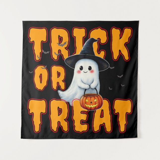 Süßes oder Saures Halloween niedlicher Geist Kürbi Wandteppich (Vorderseite)