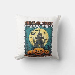 Süßes oder Saures Halloween Spukhaus Kürbisse Mond Kissen