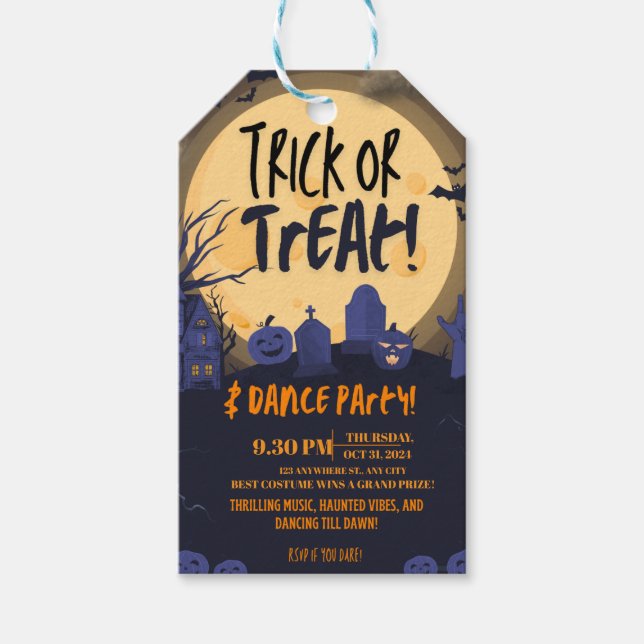 Süßes oder Saures Halloween-Tanzparty-Einladung 🎃 Geschenkanhänger (Vorderseite)