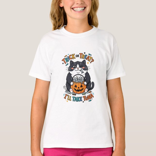 Süßes oder Saures Ich nehme Thunfisch Lustiger Kat T-Shirt (Vorderseite)