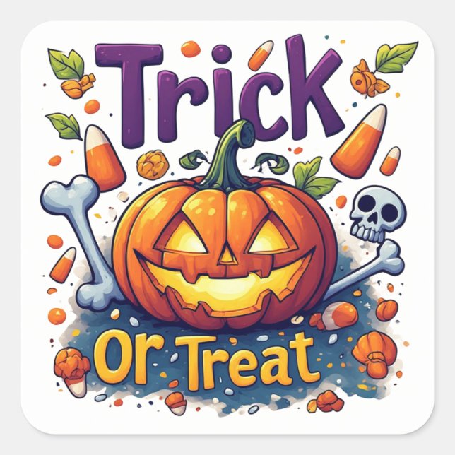Süßes oder Saures Kürbis Candy Schädel Halloween � Quadratischer Aufkleber (Vorderseite)