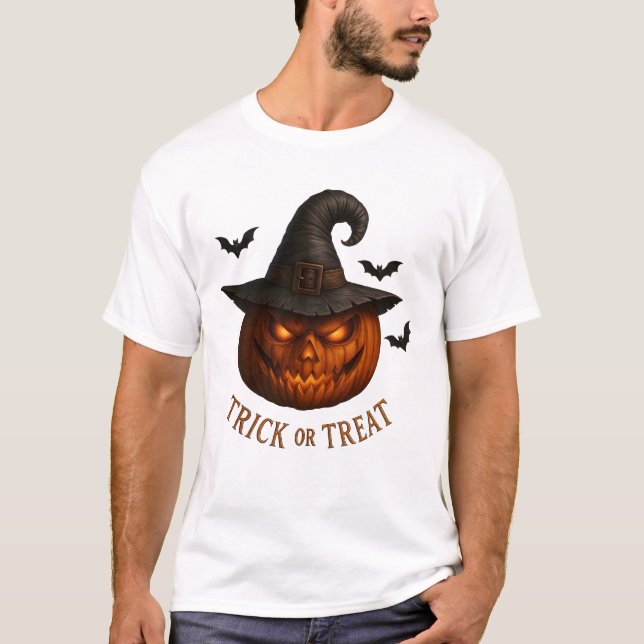 Süßes oder Saures Kürbis Hexenhut Halloween Design T-Shirt (Vorderseite)