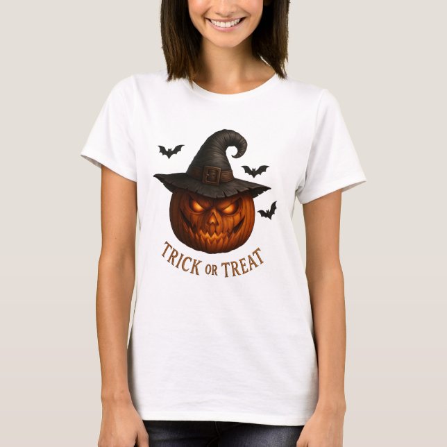 Süßes oder Saures Kürbis Hexenhut Halloween Design T-Shirt (Vorderseite)