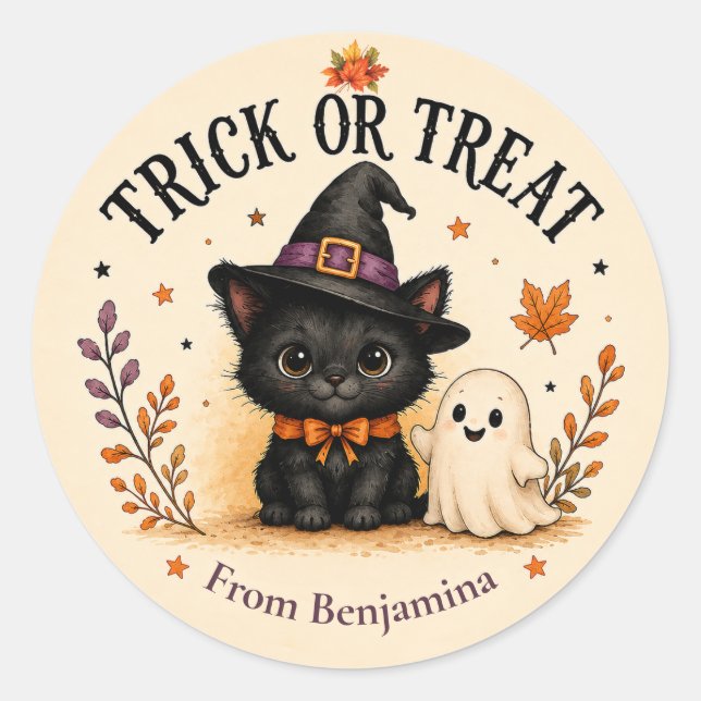 Süßes oder Saures schwarze Katze & Geist Halloween Runder Aufkleber (Vorderseite)