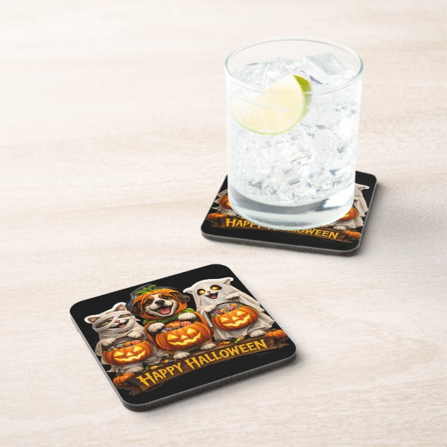 Süßes oder Saures Trio whimsical frohe Halloween Q Getränkeuntersetzer (Rechte Seite)