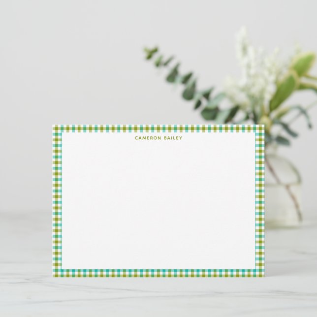 Süßes Olivgrün Türkis Gingham Karo Personalisiert Mitteilungskarte (Stehend Vorderseite)