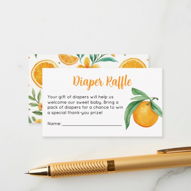 Süßes orange Babyshower-Windel-Raffle-Ticket  Begleitkarte (Vorderseite/Rückseite Beispiel)